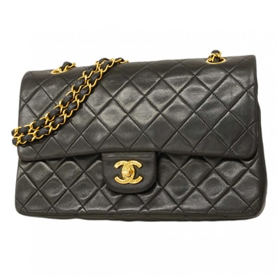 【6dd5125】シャネル ショルダーバッグ マトラッセ Wフラップ Wチェーン ラムスキン ブラック ゴールド金具【中古】レディース