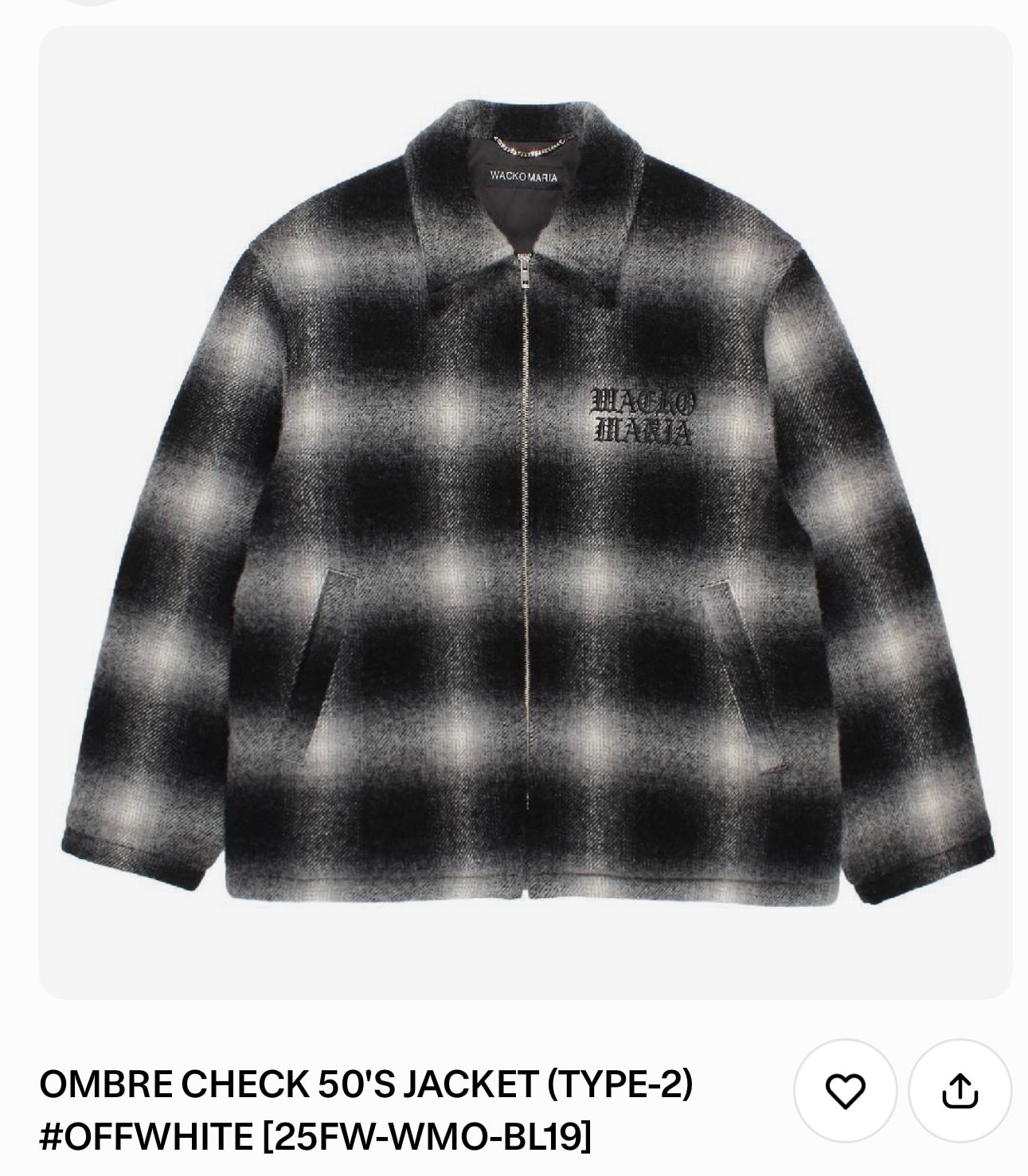 WACKO MARIA Wool Ombre Check 50'S Jacket "Off White"