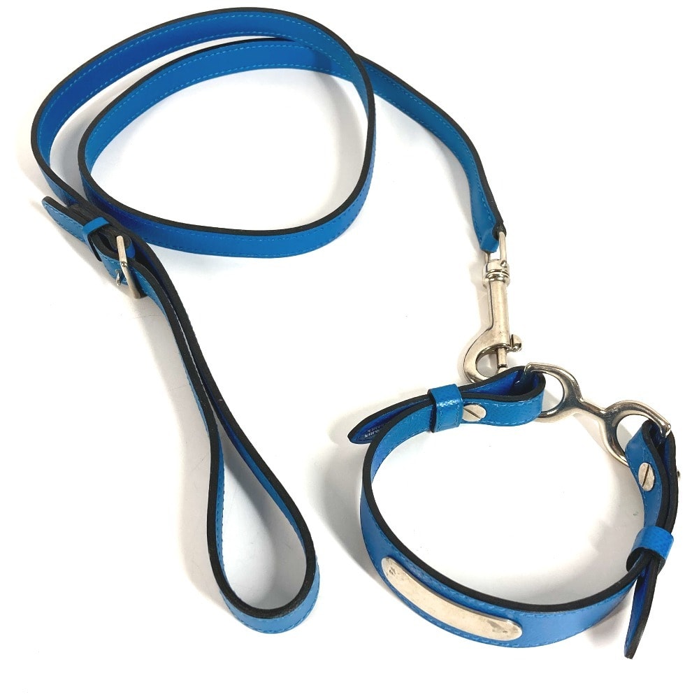 エルメス HERMES ドッグカラー&リード セット ペア パヴァ―ヌ アクセサリー ペット 犬 ワンちゃん 首輪 レザー D□/首輪不鮮明刻 ブルー