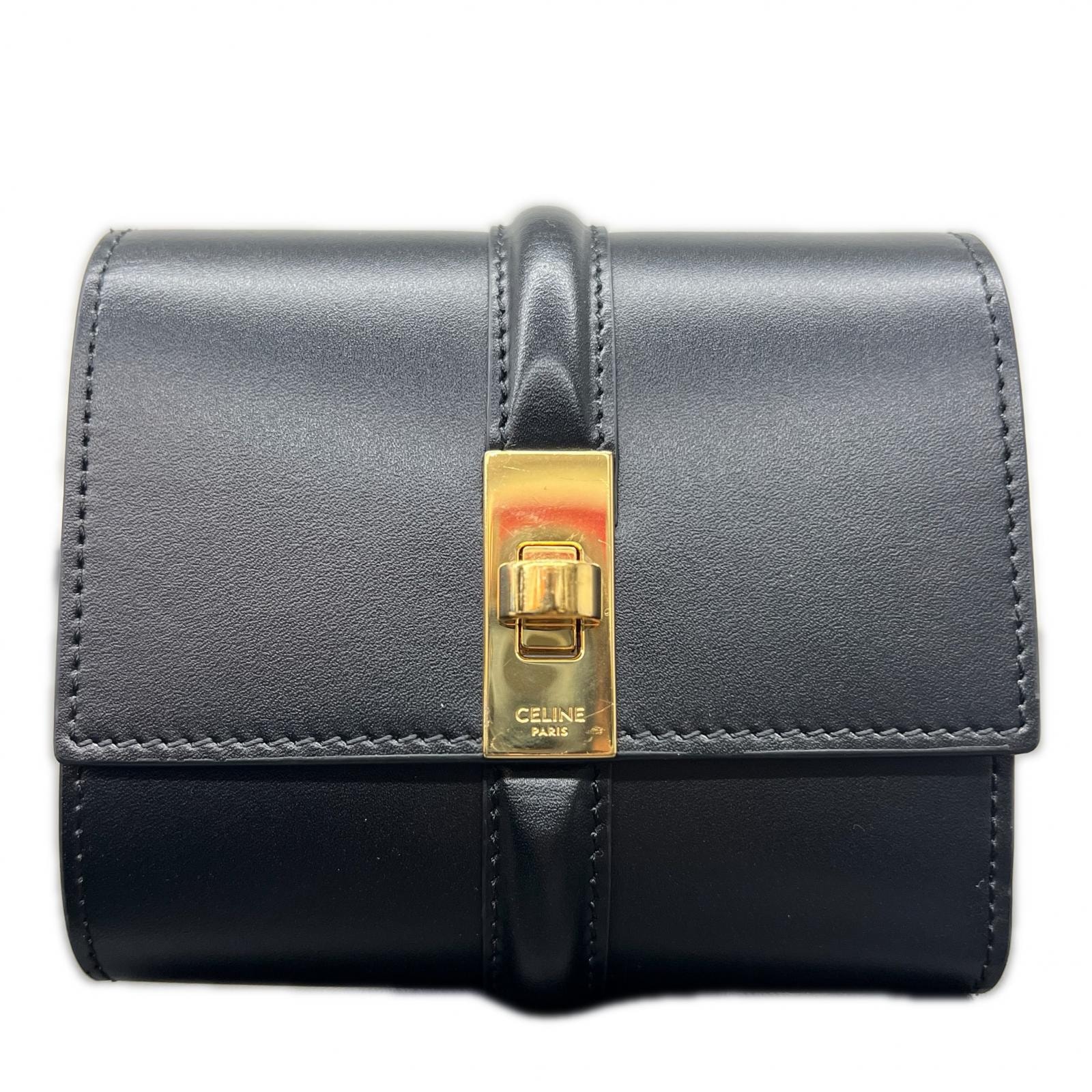 CELINE 極美品 セリーヌ 16 セーズ スモール トリフォールドウォレット 三つ折り財布 10F523 レザー ブラック ゴールド コンパクトウォレット ミニ財布 Aランク 中古 鑑定済 セリーヌ財布