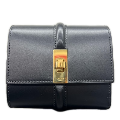 CELINE 極美品 セリーヌ 16 セーズ スモール トリフォールドウォレット 三つ折り財布 10F523 レザー ブラック ゴールド コンパクトウォレット ミニ財布 Aランク 中古 鑑定済 セリーヌ財布