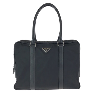 PRADA プラダ テスート サフィアーノ 三角ロゴプレート ブラック シルバー金具 ナイロン レザー/ ブリーフケース ビジネスバッグ 男女兼用 601752 【中古】