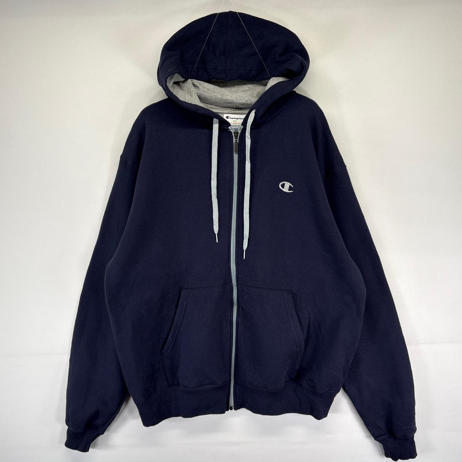 古着 チャンピオン Champion パーカー ワンポイントロゴ フルジップ フーディー スウェット L  ネイビー系 メンズ