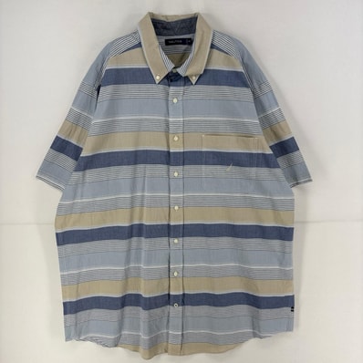 古着 ノーティカ NAUTICA 半袖シャツ ワンポイント ロゴ 刺繍 胸ポケット 大きいサイズ 2XL ブルー系 ボーダー メンズ