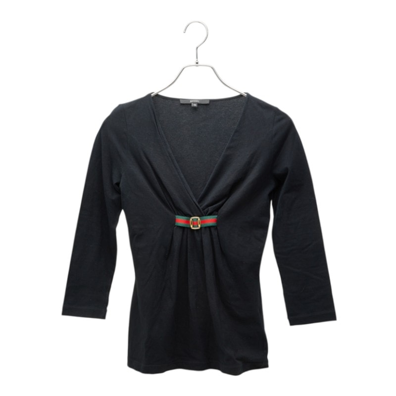 グッチ シェリーライン 7分袖 フロントギャザー カットソー Tシャツ ブラック コットン ポリエステル レディース GUCCI 中古