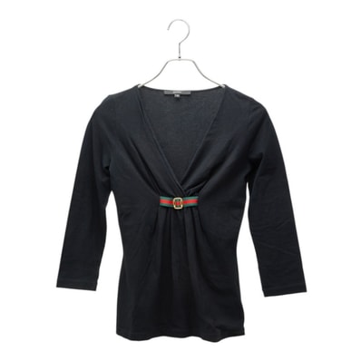 グッチ シェリーライン 7分袖 フロントギャザー カットソー Tシャツ ブラック コットン ポリエステル レディース GUCCI 中古
