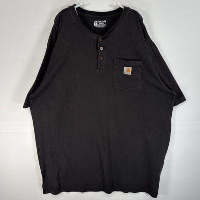 古着 カーハート Carhartt 半袖Tシャツ ワンポイント ロゴ 大きいサイズ 肉厚 ヘンリーネック XL TALL ブラック 無地 メンズ