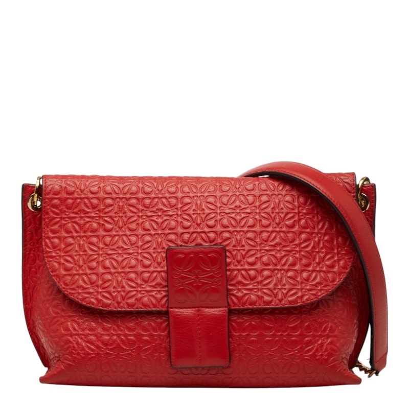 ロエベ アベニュー リピートアナグラム チェーン ショルダーバッグ レッド レザー レディース LOEWE 【中古】