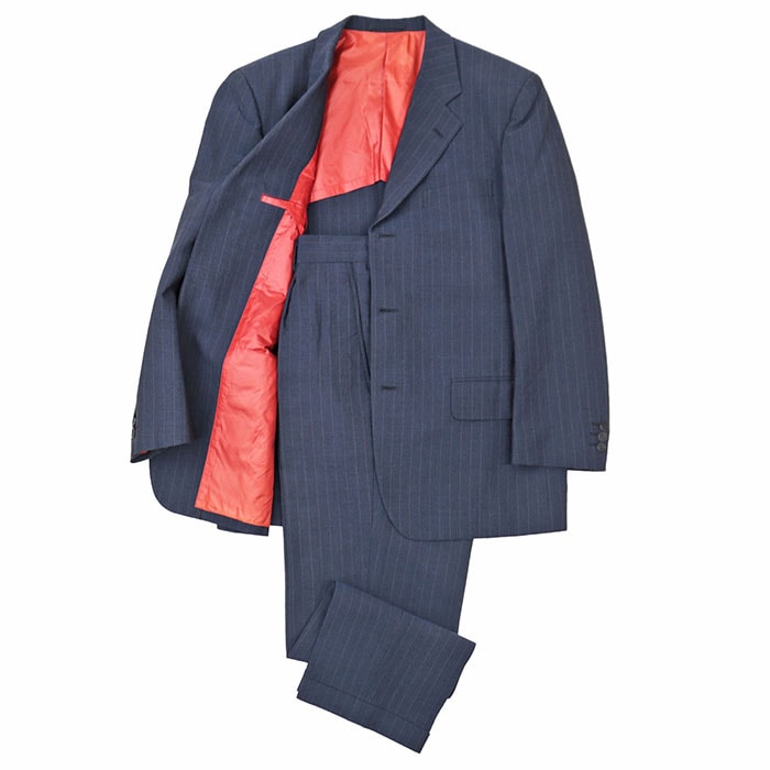 COMME des GARCONS HOMME コム・デ・ギャルソン・オム スーツ セットアップ ピンストライプ ウール100% 3B テーラード 背抜き ジャケット スラックス メンズ ダークブルー レッド 濃青 赤 日本製