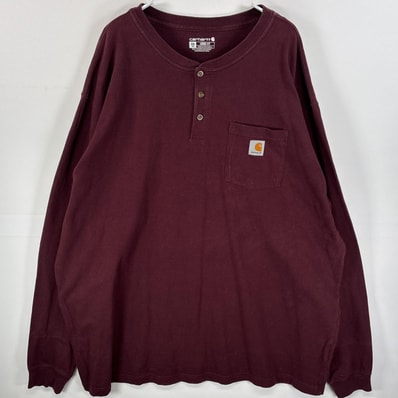 古着 カーハート Carhartt 長袖Tシャツ ワンポイント ロゴ ヘンリーネック 肉厚 2XL ワインレッド 無地 メンズ