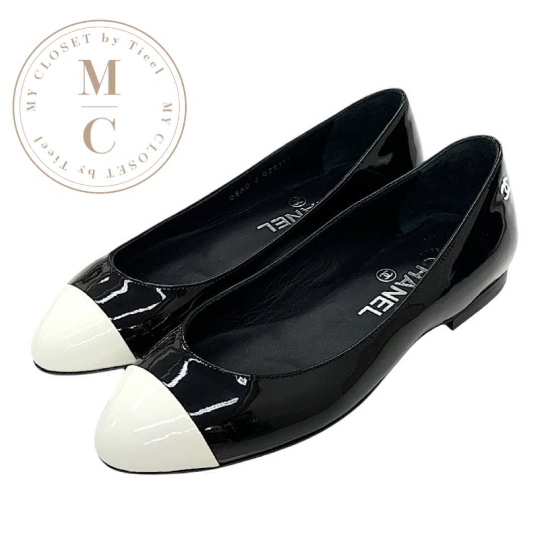 シャネル CHANEL フラットシューズ 靴 シューズ パテント ブラック ホワイト ココマーク フラットパンプス