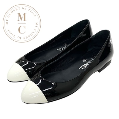 シャネル CHANEL フラットシューズ 靴 シューズ パテント ブラック ホワイト ココマーク フラットパンプス