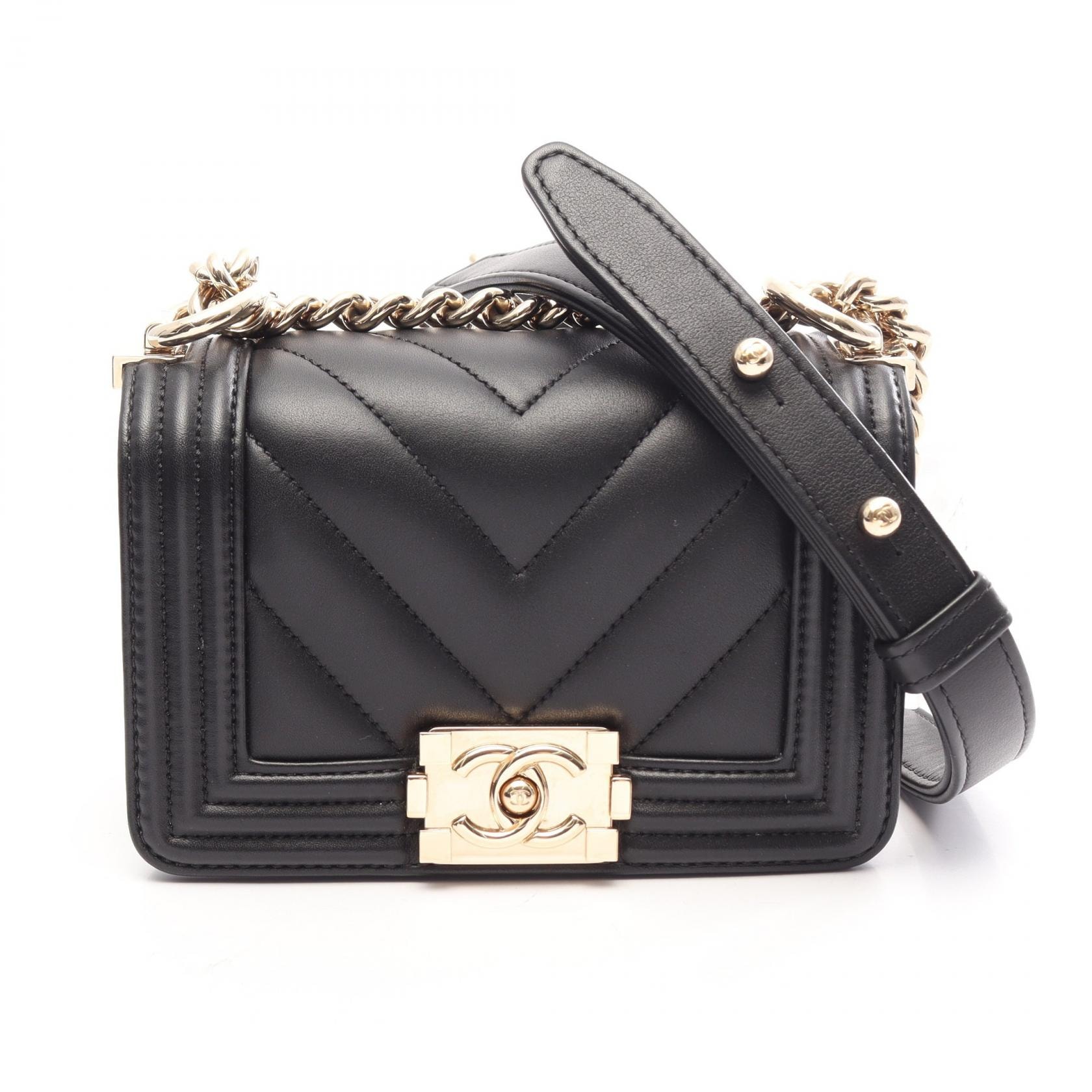 シャネル CHANEL ボーイシャネル ミニ シェブロン Vステッチ ショルダーバッグ バッグ ラムスキン(羊革) レディース ブラック系 【中古】