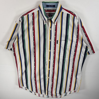 古着 90's/90年代 チャップスラルフローレン CHAPS RALPHLAUREN 半袖シャツ マルチストライプ ワンポイント ロゴ ゴルフ柄 M ホワイト系 総柄 メンズ