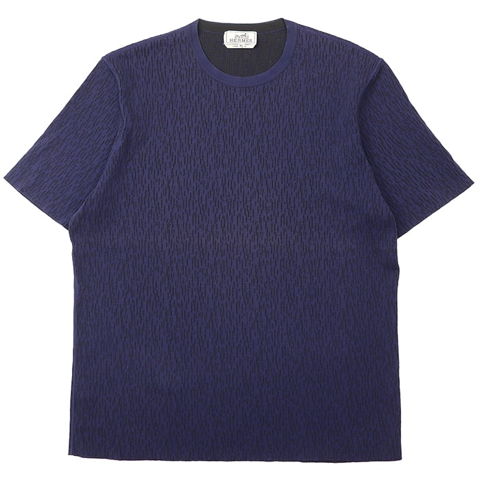 【SALE】HERMES エルメス サマーニット サイズ XL メンズ Hロゴ ジャガード コットン100% プルオーバー ショートスリーブ 半袖 トップス ネイビー ブラック 紺 黒 イタリア製