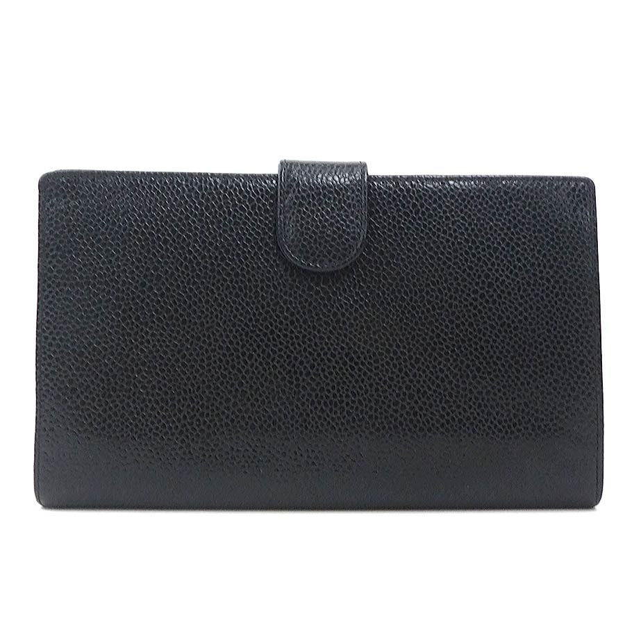 シャネル CHANEL 二つ折り長財布 キャビアスキンレザー ブラック レディース【中古】 h32537a
