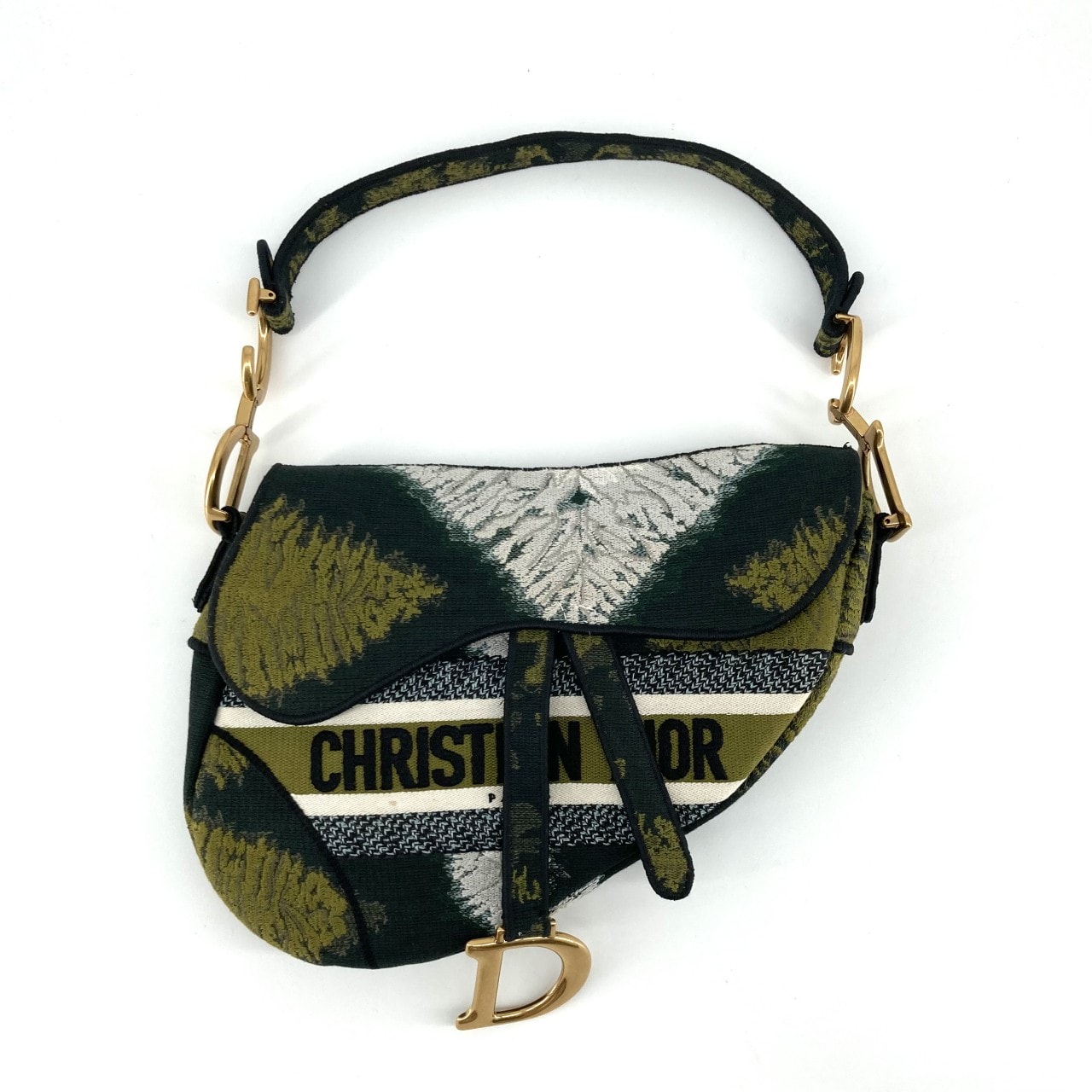 Christian Dior(クリスチャンディオール) カモフラージュ柄 サドル キャンバス D型あぶみチャーム ハンドバッグ カーキ×ホワイト