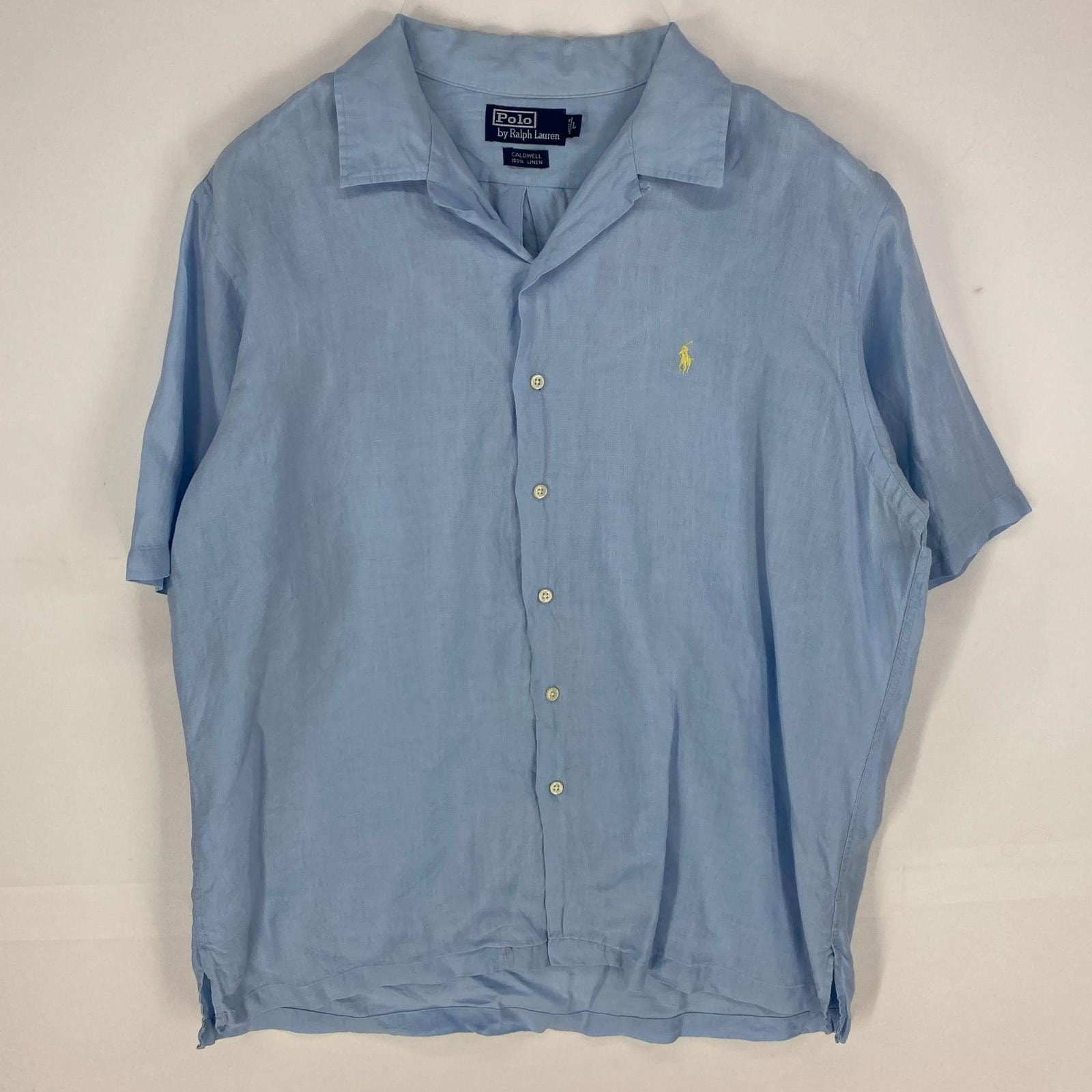 古着 ポロバイラルフローレン Polo by Ralph Lauren 半袖シャツ 刺繍ロゴ オープンカラー ワンポイント リネンシャツ L 水色系 メンズ