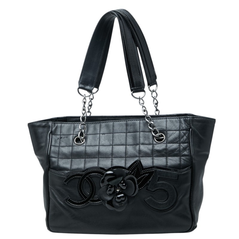 シャネル ココマーク カメリア チョコバー チェーン トートバッグ ハンドバッグ ブラック ラムスキン パテントレザー レディース CHANEL 中古