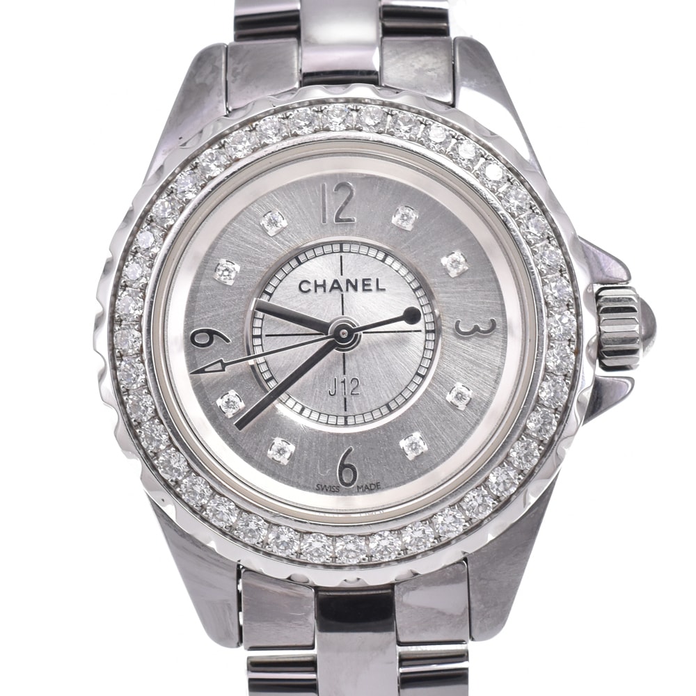 値下 シャネル CHANEL H3402 J12 ダイヤモンド シルバー クォーツ レディース 腕時計 E#146466