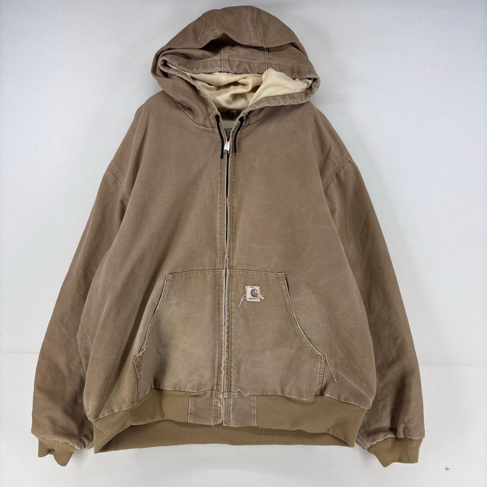 古着 カーハート Carhartt ダック ジャケット フルジップ アクティブジャケット ロゴ 裏地メッシュ ワーク 2XL ベージュ メンズ