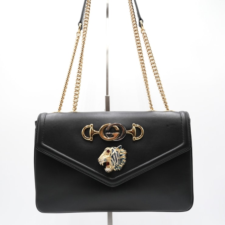 GUCCI(グッチ)ラジャ ミディアム チェーンショルダーバッグ タイガーヘッド ダブルG ホースビット ブラック レザー ゴールド金具 レディース 斜め掛け 肩掛け 537241【中古】