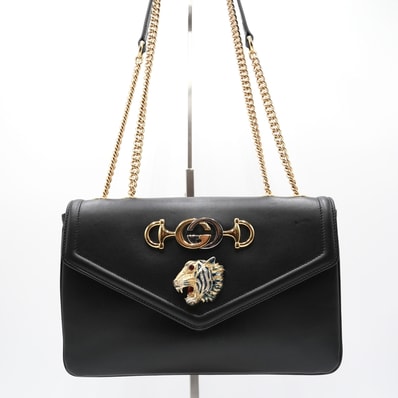 GUCCI(グッチ)ラジャ ミディアム チェーンショルダーバッグ タイガーヘッド ダブルG ホースビット ブラック レザー ゴールド金具 レディース 斜め掛け 肩掛け 537241【中古】