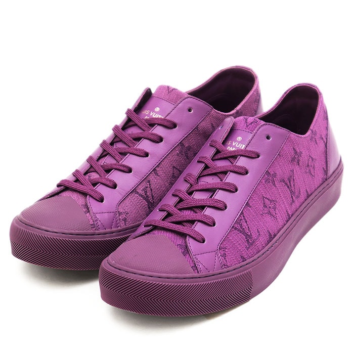 【美品】LOUIS VUITTON ルイ・ヴィトン スニーカー キャンバス / レザー メンズ サイズ 7 タトゥーライン 2019年製 LV ロゴ モノグラム カップインソール ローカット シューズ 靴 パープル 紫 イタリア製