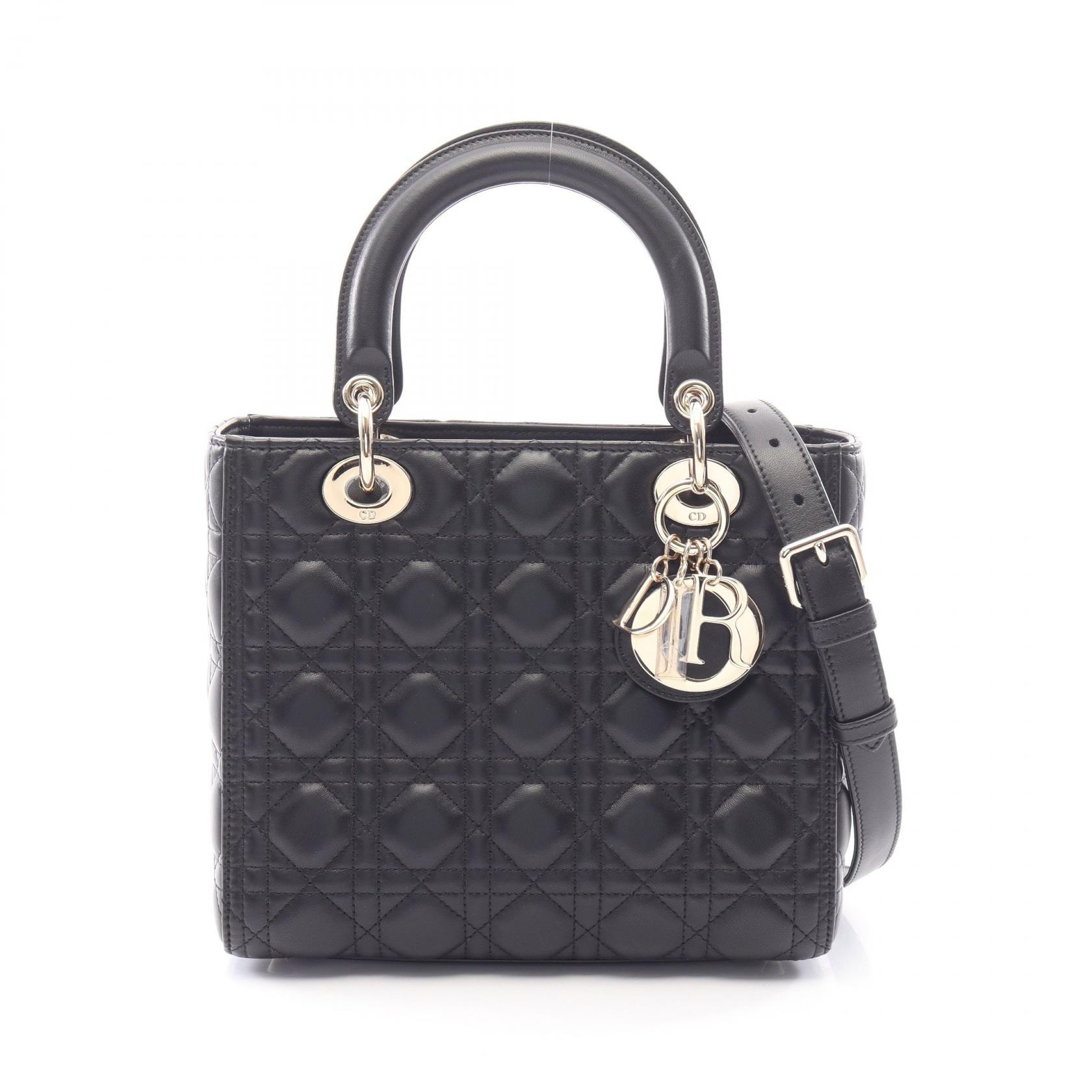 ディオール Dior LADY DIOR レディディオール ミディアム カナージュ 2WAY ハンドバッグ バッグ レザー レディース ブラック系 M0565ONG 【中古】