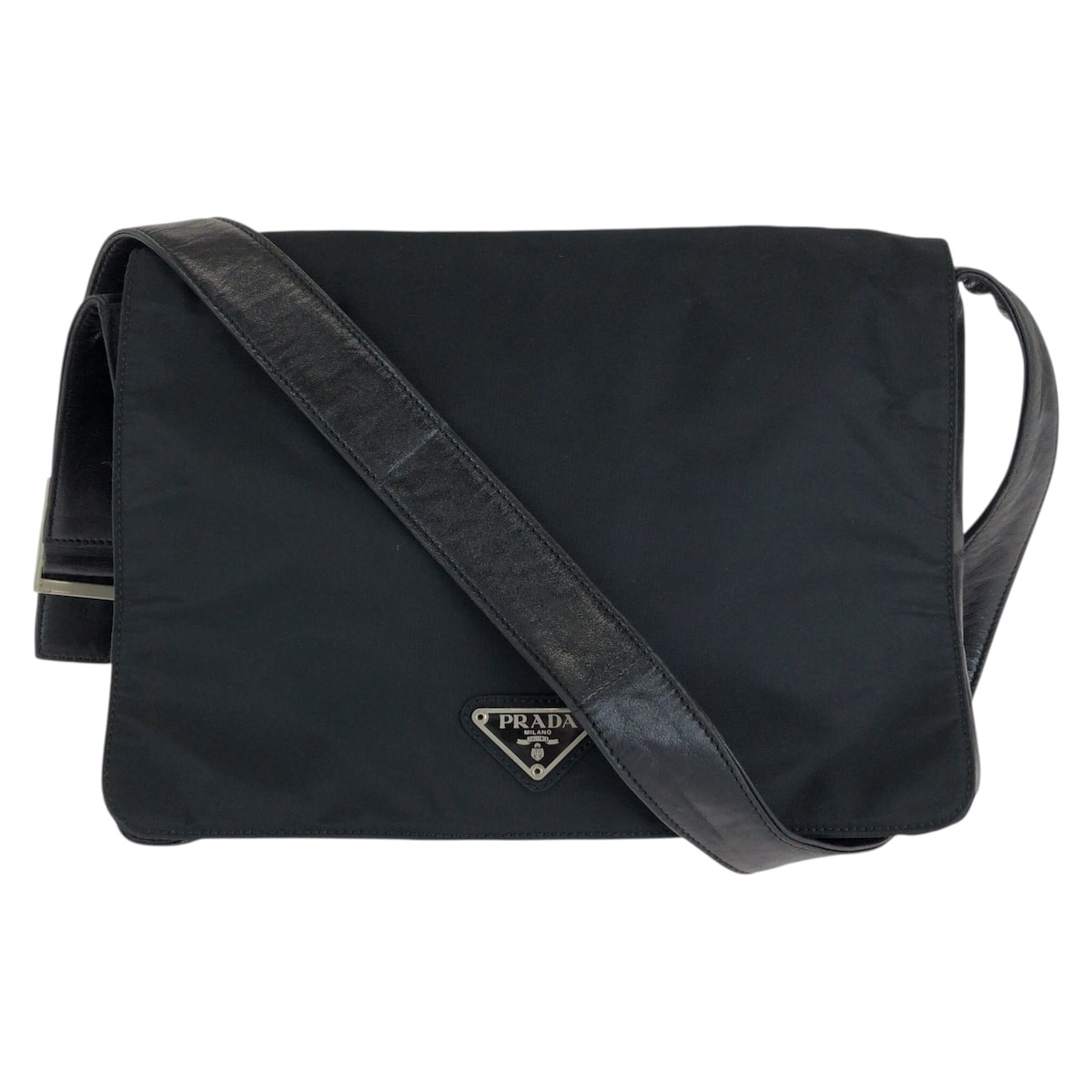 美品 PRADA プラダ テスート 三角ロゴプレート ブラック 黒 シルバー金具 ナイロン レザー/ ショルダーバッグ 604720 【中古】