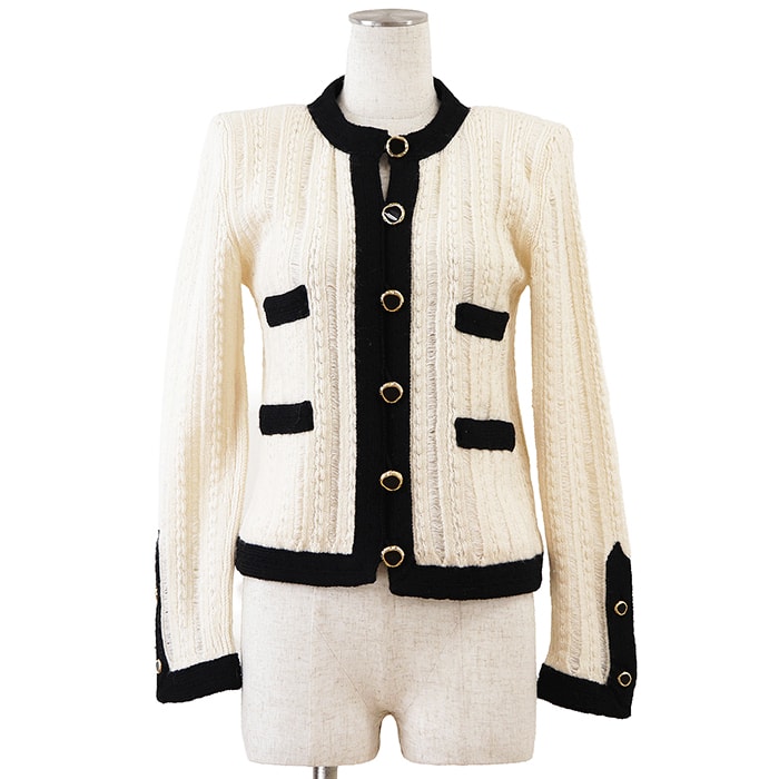 SAINT LAURENT PARIS サンローランパリ カーディガン ニット サイズ XS レディース 2020年製 バイカラー ロングスリーブ 長袖 ウール100% トップス ブラック アイボリー 黒 イタリア製