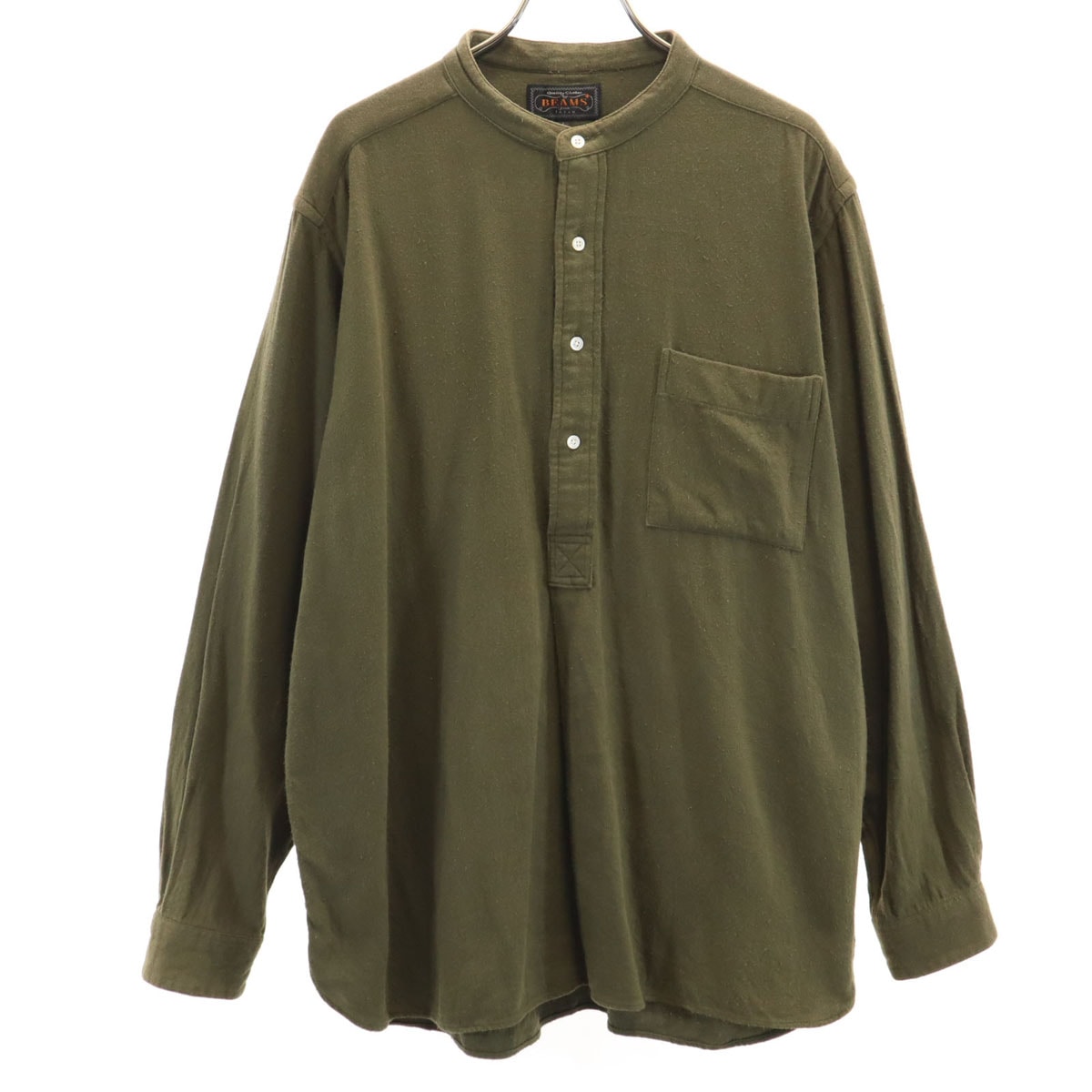 BEAMS PLUS ビームスプラス 日本製 長袖 プルオーバー バンドカラーシャツ L カーキ