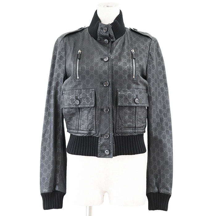 美品 グッチ レザー GG ロゴ モノグラム パンチング メッシュ 総柄 スタンドカラーリブ ジャケット レディース ブラック 42 GUCCI