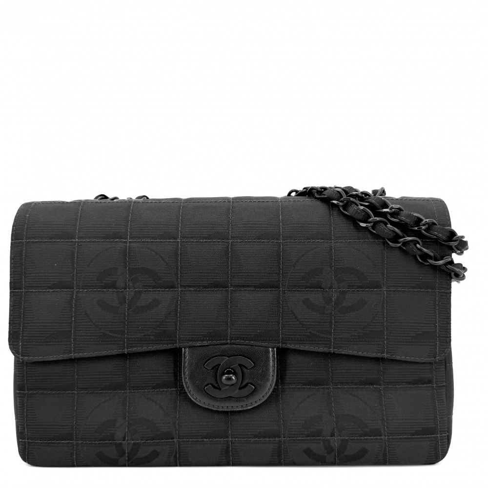 CHANEL シャネル ショルダーバッグ ニュートラベルライン チョコバー ダブルチェーン 肩掛け 斜め掛け ココマーク  ナイロンキャンバス  レザー  ブラック 黒 ブラック金具 レディース【中古品】