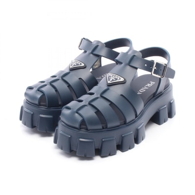 プラダ PRADA モノリス 三角プレート サンダル 靴 ラバー レディース ネイビー系 【中古】