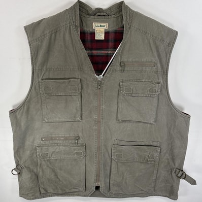古着 90's/90年代 エルエルビーン L.L.Bean ベスト ハンティングベスト マルチポケ ジップアップ L カーキ 無地 メンズ