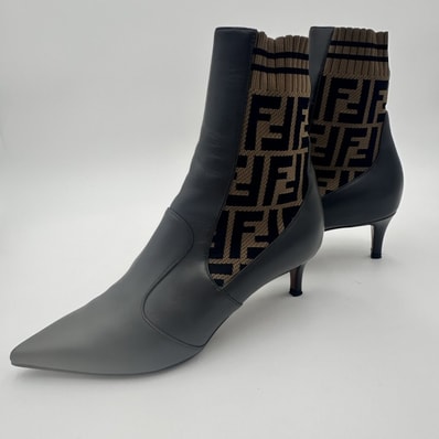 FENDI(フェンディ)ズッカ ソックスブーツ ショートブーツ レザー ブラック FF柄 ニット レディース 37 イタリア製