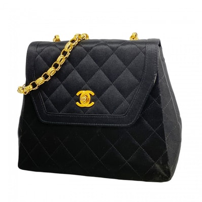【6dc2908-k】シャネル ショルダーバッグ マトラッセ チェーンショルダー サテン ブラック ゴールド金具【中古】レディース