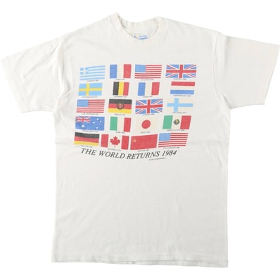 古着 80年代 ヘインズ Hanes 100% COTTON 青タグ 国旗柄 ロサンゼルスオリンピック 1984 スポーツプリントTシャツ USA製 メンズM相当 ヴィンテージ/eaa665594