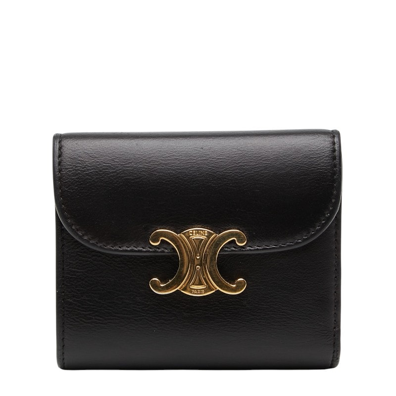 セリーヌ トリオンフ  スモール フラップウォレット 三つ折り財布 ブラック レザー レディース CELINE 【中古】