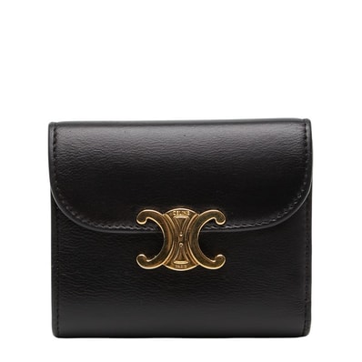 セリーヌ トリオンフ スモール フラップウォレット 三つ折り財布 ブラック レザー レディース CELINE 【中古】