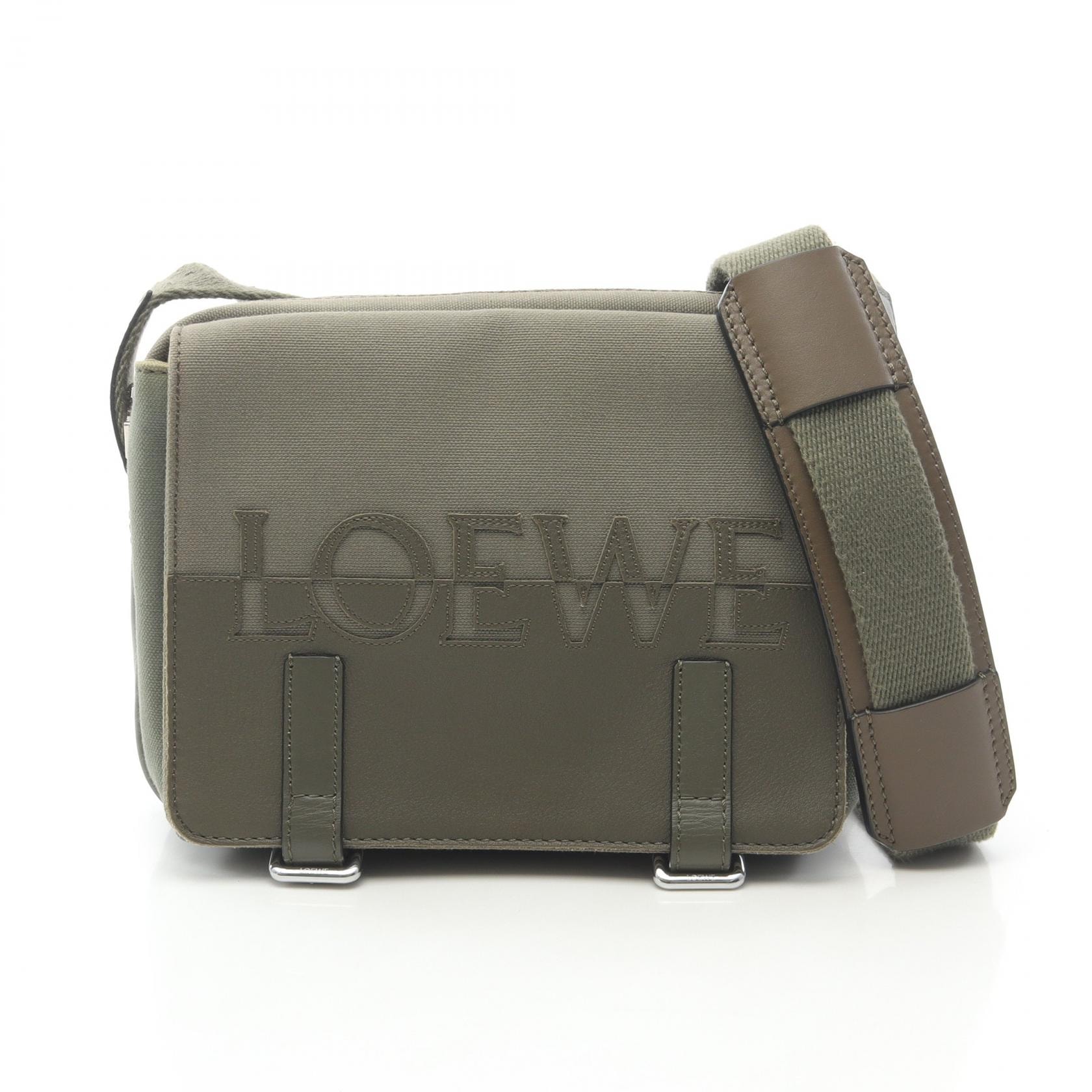 ロエベ LOEWE MILITARY MESSENGER SIGNAT ミリタリー メッセンジャーバッグ XS ショルダーバッグ バッグ キャンバス レザー メンズ カーキ系 B314A72X014160 【中古】