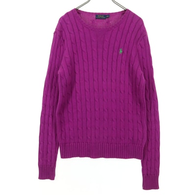 美品 POLO RALPH LAUREN ポロラルフローレン ワンポイントロゴ 長袖 ケーブル編み コットン ニット S ピンク系 フィッシャーマン