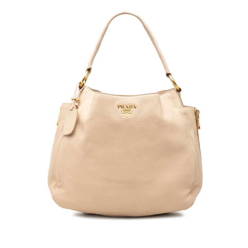プラダ ロゴ ハンドバッグ トートバッグ BR4686 ベージュ レザー レディース PRADA 【中古】