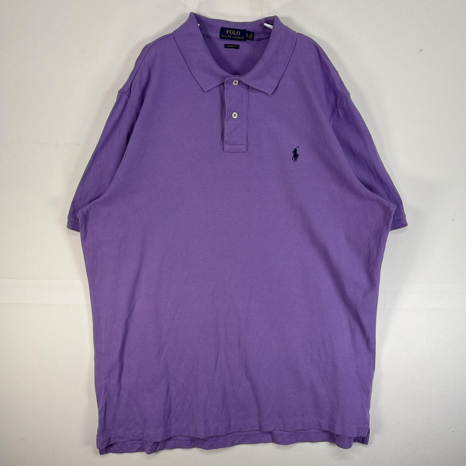 古着 ポロ・ラルフローレン POLO RALPH LAUREN 鹿の子 半袖 ポロシャツ ロゴ 刺繍 2ボタン 大きいサイズ XL  パープル系 無地 メンズ