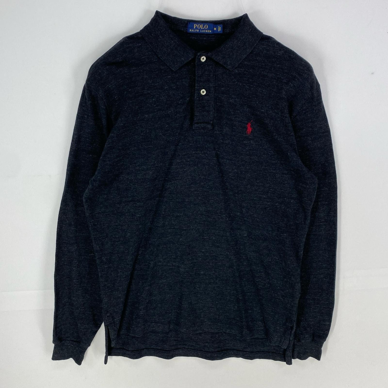 古着 トミーヒルフィガー TOMMY HILFIGER 鹿の子 長袖シャツ ワンポイント ロゴ刺繍 ポロシャツ M  ブラック系 メンズ