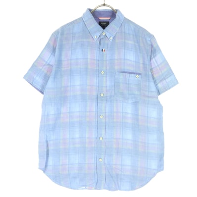 BEAMS HEART ビームスハート ストライプ柄 半袖 ボタンダウン コットンシャツ L ブルー