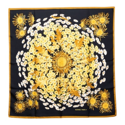 エルメス カレ90 Fleurs et Carlines ひまわりの花束 スカーフ 大判 ブラック マルチカラー シルク レディース HERMES 【中古】