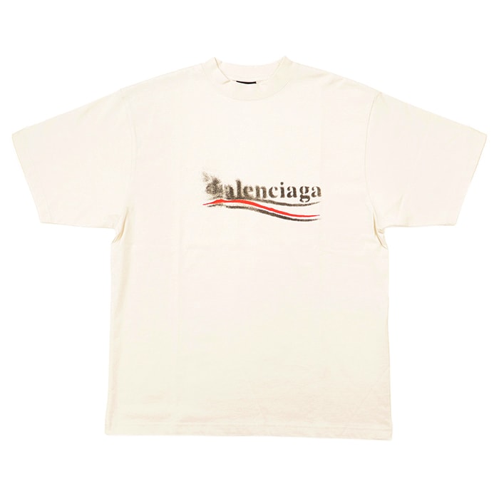 【極美品】BALENCIAGA バレンシアガ UNIFIT シャツ サイズ XS メンズ レディース ユニセックス 2023年モデル スプレー キャンペーンロゴ プリント プルオーバー ショートスリーブ 半袖 オーバーサイズ トップス クリーム ポルトガル製