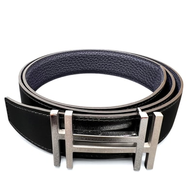 HERMES 展示品級 エルメス H・オ・カレ リバーシブル ベルト レザー U刻印 2022年 ブラック ネイビー シルバー金具 #85 アッシュ オ カレ Hベルト 箱・袋付属 プレゼント ギフト 美品 SAランク 中古 鑑定済 エルメスベルト